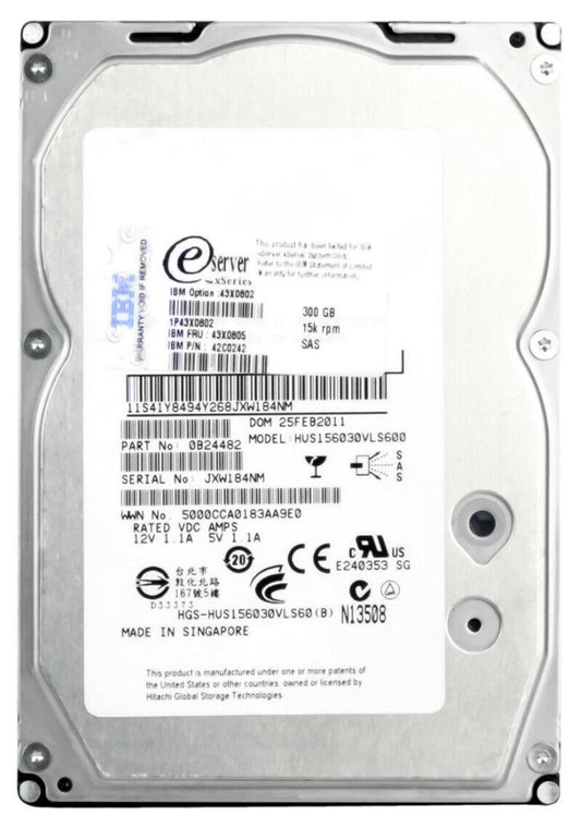 HARD DRIVE, 300GB 3.5" 15K 16MB SAS 6GB/S, HUS156030VLS600, Refurbished Information Technology DEX 